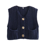 IFOMT Fashion Sleeveless Knitted Cardigan Vests For Women Autumn New Short Sweater Button With Pockets Solid Color Knitted Top