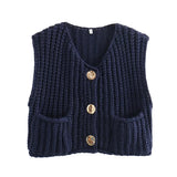 IFOMT Fashion Sleeveless Knitted Cardigan Vests For Women Autumn New Short Sweater Button With Pockets Solid Color Knitted Top