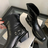 IFOMT New Retro Thick Heel Ankle Boots for Women Fashion Designers Embroidery Short Boots Metal Buckle Design  Punk Knight Boots