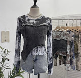 IFOMT Women Raw Edge Denim Spliced Tie-Dye Mesh Irregular T-Shirt Vintage Sexy See Throgh Top Y2K Top Casual Holiday Club Streetwear