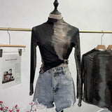 IFOMT Women Wavy Edge Half-High Collar Mesh Blended Long Sleeve Top Thin Inner Bottoming Layering Shirt Y2k Essential Streetwear8921