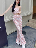 IFOMT 2024 New Summer Fashion Casual Plaid 2 Piece Set Women Strapless Crop Top + Wide Leg Pants Suits Female Sexy Outfits For Woman