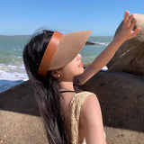 IFOMT New High Quality Summer Empty Top Leather Sun Hat Beach Flat Bottom Protection Ladies Fashion Casual UV Straw Hat Sun Hat Luxury