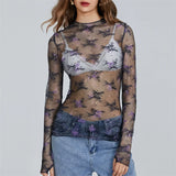 IFOMT Chic Sheer Tops for Women Long Sleeve Mock Neck Lace Mesh Top Sexy See Through Floral Tee Shirt Layering Blouse Y2k Streetwear