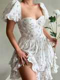 Llyge Floral Short Dresses Women Summer 2024 Vintage Sexy Layered Ruffle Patchwork Puff Sleeve A-line Dress Fairycore Elegant