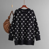 IFOMT Heart Printed Knitted Sweater For Women Mid Length Knitted O-Neck Pullover Sweater Loose Long Sleeve Autumn Winter New