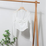 IFOMT Women Square Neck Tie Halter Mesh See Through Long Sleeve T-shirt Sexy Lce Up Slim Fit Short Slit Cuff Top PartyClub Streetwear