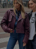 IFOMT Vintage Red Pu Leather Patchwork Zipper Jacket Women Causal Loose Lapel Long Sleeve Short Coat Autumn New High Streetwear