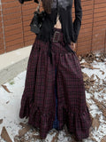 Ifomt Plaid Long Skirt Womens Maxi Skirt 2023 Goth Lolita Low Waist Ladies Front Zip Ruffle Pleated Skirts rok