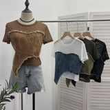 IFOMT Women Vintage Sexy See Throgh Top Y2K Top Washed Raw Edge Denim Pacthwork Mesh Short Sleeve Shirt Casual Holiday Club Streetwear
