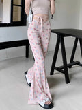 IFOMT Sweet Floral Print Casual Pants for Women Sumemr Slim Fit Ruffles Flare  Y2k E-Girl High Waist Loose Wide Leg