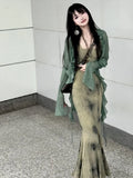 IFOMT New Chinese Style Halo Dyeing Slim Fit Camisole Dresses+ Y2k Ruffles Long Sleeve Green Cardigan Spring  Two Piece Sets