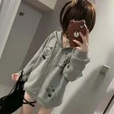 IFOMT Harajuku Gray Cat Ears Hoodie Coat Women Autumn Winter New Mid-length Loose Sweatshirts Y2k Long Sleeve Zipper Tops Mujer