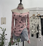 IFOMT Women's Retro Pink Butterfly Halter Distressed Distressed Long Sleeve T-Shirt Hot Girl Skew Collar One-Line Collar Slim Fit Top
