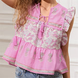 IFOMT Women y2k Vintage Ruffles Sleeve Shirts Floral Print/Stripe Tassel Tie-Up Fashion Blouses Summer Casual Tops
