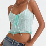 IFOMT Women Lace Camisole Spaghetti Straps Tie-up Patchwork Slim Fit Summer Tops Clubwear