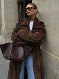 Retro Brown Suede Leather Overcoats Women Fashion Single-breasted With Belt Long Coats 2024 Winter Street Commute Outerwear ﻿