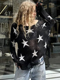 IFOMT Street Stars Printed irregular Wide Collar Sweater Hot Girl Loose Thin Ripped Knit Sexy See Through Pullovers Long Sleeve