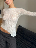 IFOMT Women's Lace Tops Slim See Through Boat Neck Long Sleeve Asymmetrical Shirt Casual Streetwear