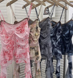 IFOMT Women Elegant Sexy Mesh Print Camisole Irregular Ruffled Ribbon Patchwork Lace Sleeveless Y2K Top Casual Club Streetwear 9968