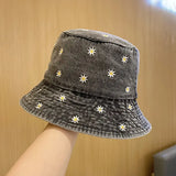 IFOMT Spring Denim Cartoon Flower Embroidery Bucket Hat Fisherman Hat Outdoor Travel Sun Cap For Girl And Women