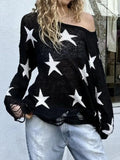 IFOMT Street Stars Printed irregular Wide Collar Sweater Hot Girl Loose Thin Ripped Knit Sexy See Through Pullovers Long Sleeve