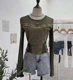 IFOMT Women Street Raw Edge Denim Spliced Solid Mesh Long SLeeve T-Shirt Chic Sexy See Throgh Top Irregular Y2K Top Casual Holiday2633