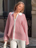 IFOMT Retro Lattice Color Block POLO Collar Knit Cardigan For Women Button Casual Loose Sweater Outwear 2024 New