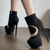 IFOMT Sexy 16cm Super High Heel Ankle Boots for Women PVC Suede Patchwork Short Boots Nightclub Stripper Pole Dance Boots Big Size 45
