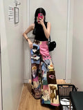 IFOMT American Street Cute Cartoon Print Pants for Women 2024 New Loose Wide Leg  Y2k Grunge High Waist Straight Trousers