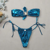 IFOMT Gem Blue Glossy Bikini 2024 Women's Clothing Swimsuit Summer Beach Vacation Outfits Thong Bathing Suit Bandeau Backless Swimwear