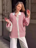 IFOMT Retro Lattice Color Block POLO Collar Knit Cardigan For Women Button Casual Loose Sweater Outwear 2024 New