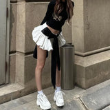IFOMT Bow Skirt Sets For Women Sexy Backless Bandage Lace Up Shirt Femme Fashion Folds Mini Skirts 2 Piece Suits Womens Outfits