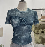 IFOMT Retro Print Short Sleeve T-Shirt Hot Girl Tie Dye Mesh Three-dimensional Flower Pleated Cropped Top See Through Summer Tees y2k