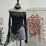 IFOMT Women's Retro Pink Butterfly Halter Distressed Distressed Long Sleeve T-Shirt Hot Girl Skew Collar One-Line Collar Slim Fit Top