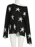 IFOMT Street Stars Printed irregular Wide Collar Sweater Hot Girl Loose Thin Ripped Knit Sexy See Through Pullovers Long Sleeve