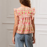 IFOMT Women y2k Vintage Ruffles Sleeve Shirts Floral Print/Stripe Tassel Tie-Up Fashion Blouses Summer Casual Tops