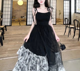 IFOMT Spring Outfit Black Suspender Dress for Women Summer Slim Waist Retro Long French Ruffle Hem Dress Evening Party Sundress M-4XL