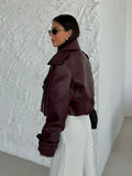 IFOMT Fashion Burgundy Pu Leather Lapel Jacket For Women Fashion With Pocket Loose Short Coats Autumn New High Street Female Outwear