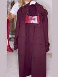 IFOMT Burgundy Wool Blends With Belt Long Coat For Women Fashion Lapel Full Sleeves Oversize Jacket 2024 New Office Lady Outerwear