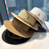 IFOMT Summer Sun Hat Flat Top Straw Hats for Women New Metal R Letter Fashionable Beach Sun Hat Females Travel Holidays Boater Hat