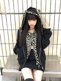 IFOMT Vintage Fashion Fake Two Piece Leopard Print Hooded Jackets+ Y2k High Waist Bodycon Skirts 2024 Autumn New Black Sets