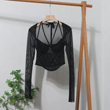 IFOMT Women Square Neck Tie Halter Mesh See Through Long Sleeve T-shirt Sexy Lce Up Slim Fit Short Slit Cuff Top PartyClub Streetwear