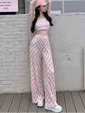 IFOMT 2024 New Summer Fashion Casual Plaid 2 Piece Set Women Strapless Crop Top + Wide Leg Pants Suits Female Sexy Outfits For Woman