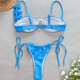 IFOMT Sexy 3D Flower Blue Push Up Bikinis Set 2024 Women Wrinkled Underwired Swimwear Micro Thong Swimsuit Bathing Suit Bikini Mujer