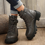IFOMT  Belt Buckle Platform Combat Boots Women Chunky Heels Lace Up Ankle Boots Woman Side Zipper PU Leather Short Booties Plus Size 43
