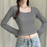 IFOMT Sweet Gentle Retro Stripe Versatile Tee Slim Fit Long Sleeved T-shirt Round Neck Bottom Shirt Short Top Female Clothes