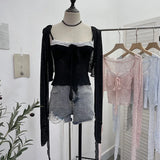 IFOMT Ladies Hottie Lace Bow Lace Up Camisole Short Irregular Streamer Long Sleeve Cardigan Top Knitted Two-Piece Set Y2K Sweety Top