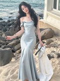 IFOMT French Elegant Satin Bodycon Mermaid Dress for Women Summer Fashion Ruffle Wedding Party Vestido Female Spaghetti Strap Clothing