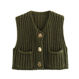 IFOMT Fashion Sleeveless Knitted Cardigan Vests For Women Autumn New Short Sweater Button With Pockets Solid Color Knitted Top